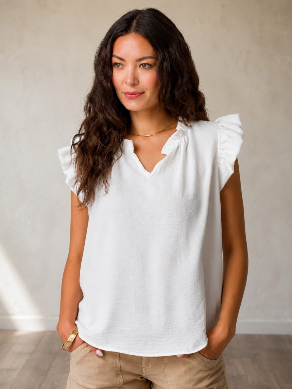 Dear John White V-Neck Short Sleeve Blouse - Size Large